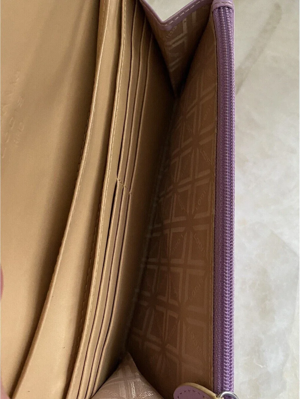 Lodis RFID Leather Lavender Wallet Beige Accent Snap Closure Zip Compartment